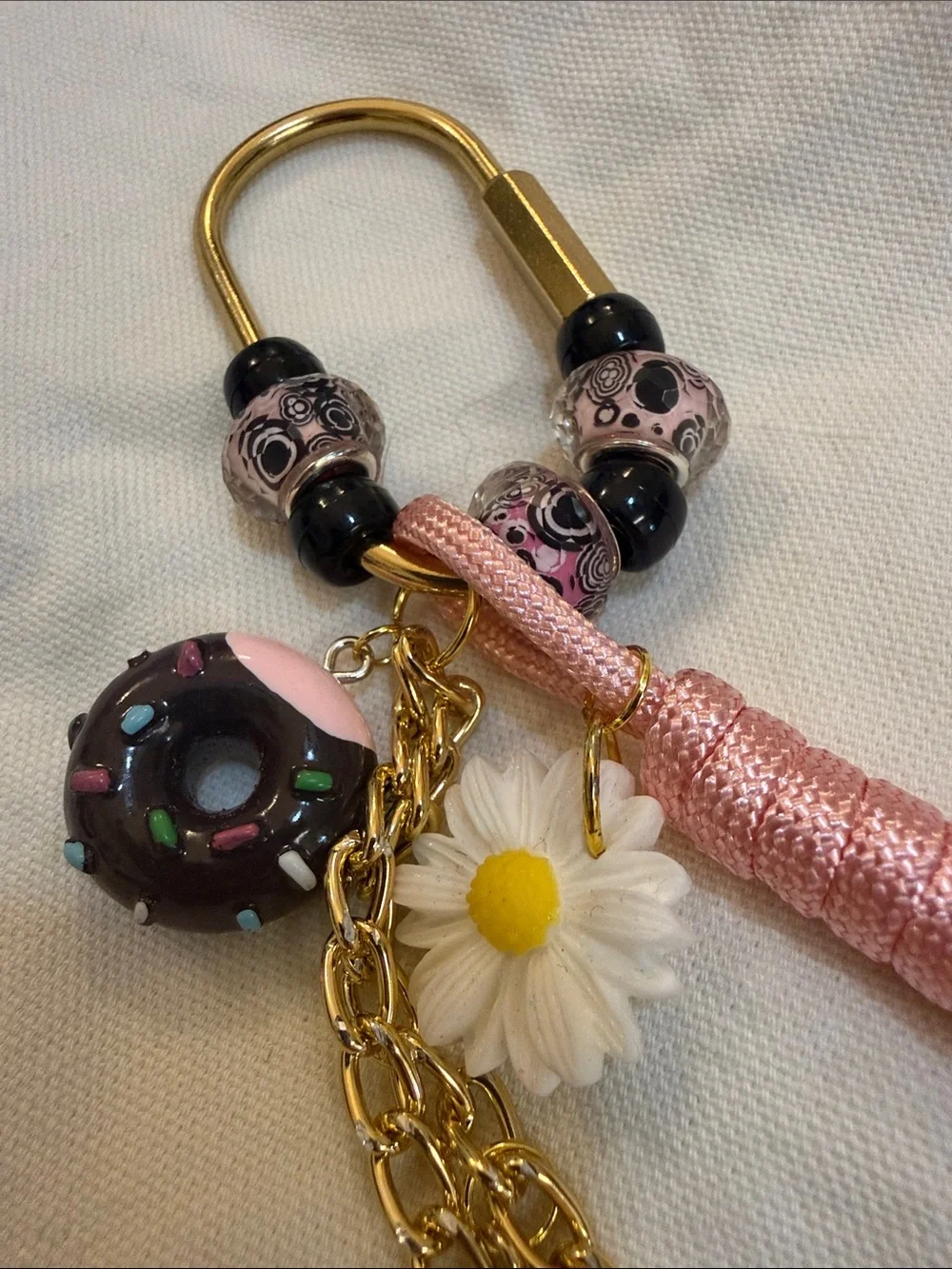 Pink Tassel Daisy & Donut Charm Keychain with Gold Chain bag charm